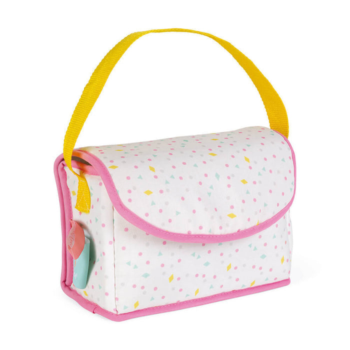 White fabric bag with pink trim and yellow handle, patterned with colorful dots and yellow diamonds.