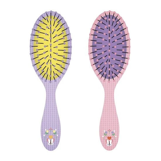 Purple and pink hairbrushes with gingham patterns and small butterfly floral illustrations on the handles.