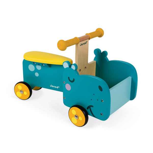 Teal wooden hippo ride-on toy with yellow seat, front storage bin, and yellow wheels with orange accents.