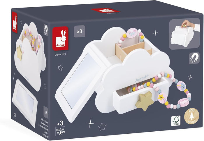 White cloud-shaped wooden box with mirror and drawer, shown in blue packaging with colorful beaded accessories.