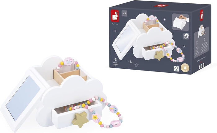 White cloud-shaped wooden jewelry box with mirror, star handle, beaded jewelry, and its illustrated retail packaging.