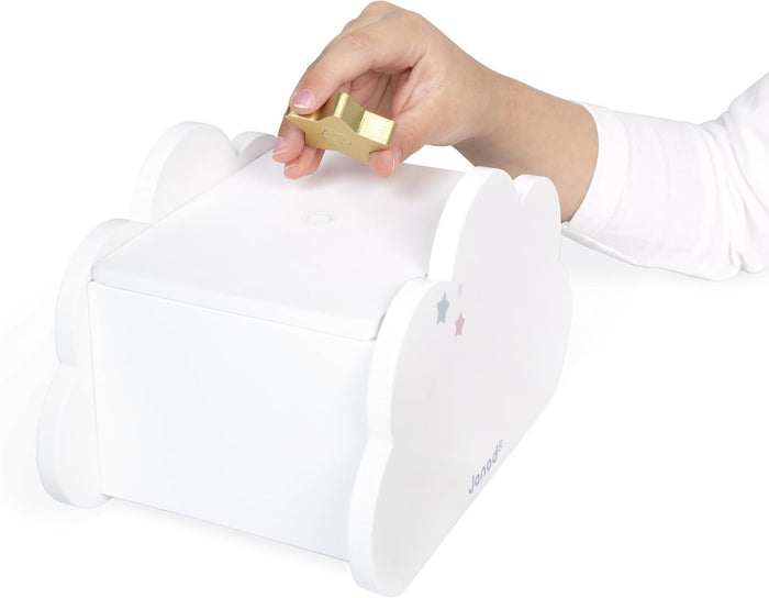 Child's hand lifting the gold star-shaped lid of a white cloud-shaped wooden jewelry box.