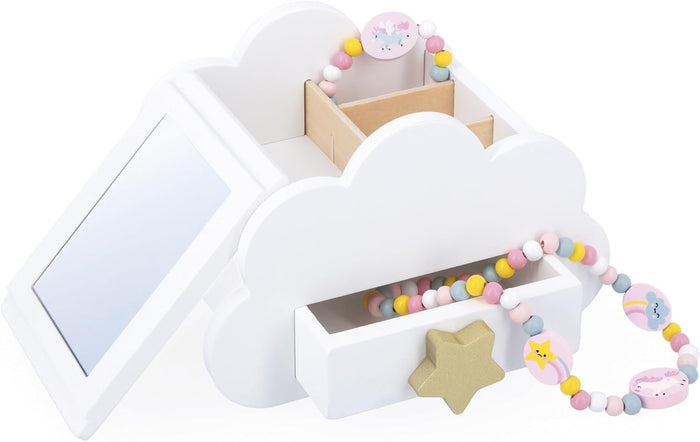 White cloud-shaped wooden jewelry box with a mirror, star-handle drawer, and colorful bead necklaces.