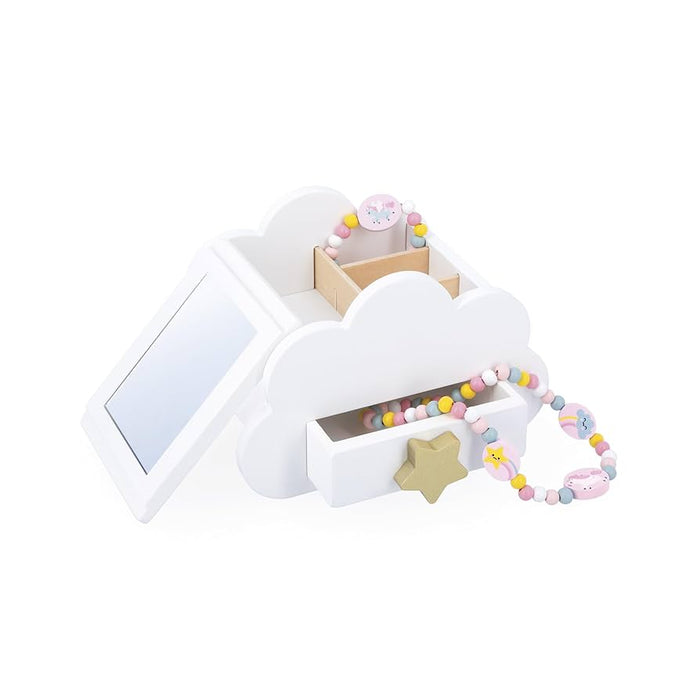 White cloud-shaped jewelry box with an open mirror lid, star drawer handle, and pastel beaded jewelry.