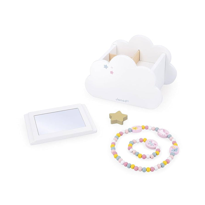 White cloud-shaped wooden jewelry box with a separate mirror and two colorful beaded unicorn necklaces.