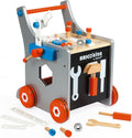 Grey wooden activity walker shaped like a tool bench with orange wheels, magnetic tools, gears, and play screws.