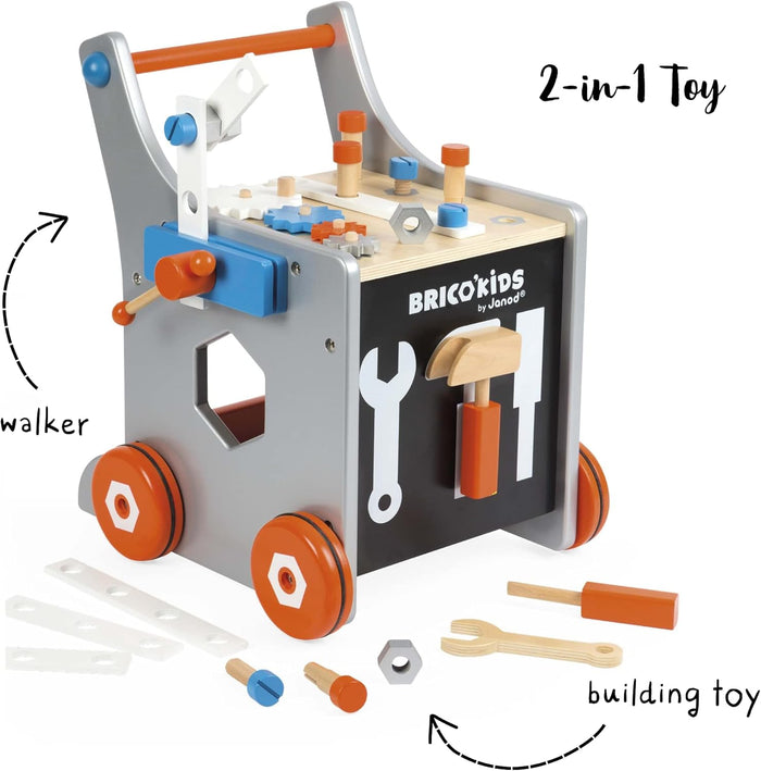 Gray wooden toy walker and DIY workbench with orange wheels, magnetic tools, gears, and building accessories.