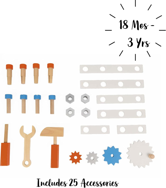 25 wooden toy accessories: orange pegs, blue bolts, grey nuts, tools, colorful gears, and white slats with holes.