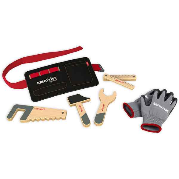 Black and red toy belt with a wooden saw, hammer, wrench, folding ruler, and grey work gloves with red trim.