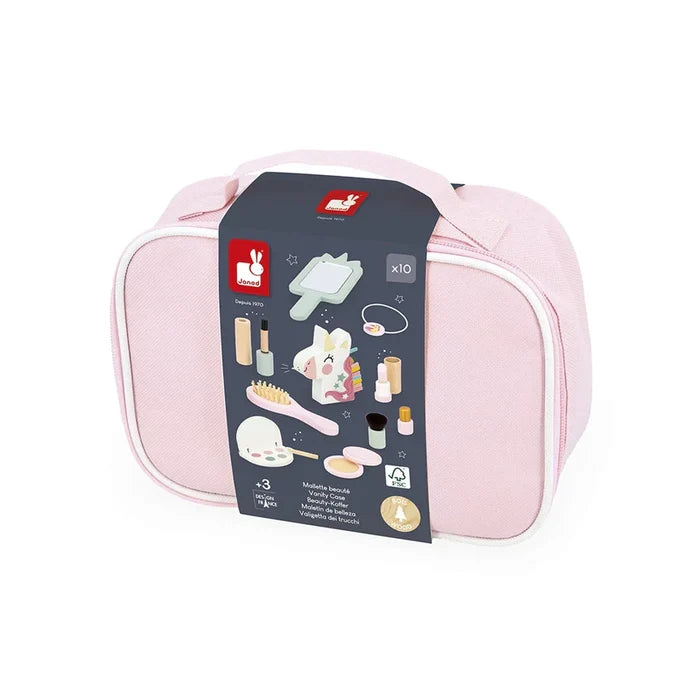 Pink fabric vanity case with handle and a grey sleeve illustrating unicorn-themed wooden toy beauty accessories.