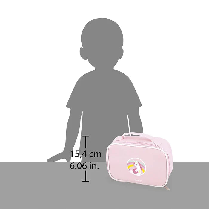 Pink rectangular vanity case with a unicorn emblem and handle, shown next to a child silhouette for scale.