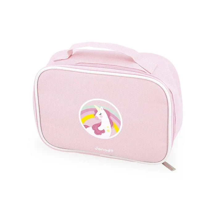 Light pink fabric vanity case with a top handle and a circular unicorn and rainbow graphic on the front.