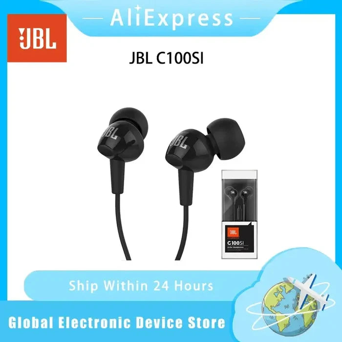 JBL C100SI In-Ear Wired Stereo Headphones displayed with packaging on AliExpress