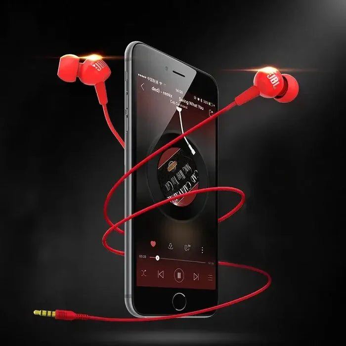 JBL C100SI In-Ear Wired Stereo Headphones shown with a mobile device, emphasizing sound quality and design.
