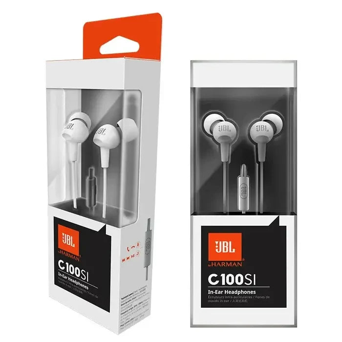 JBL C100SI In-Ear Wired Stereo Headphones in packaging, showcasing design and brand logo