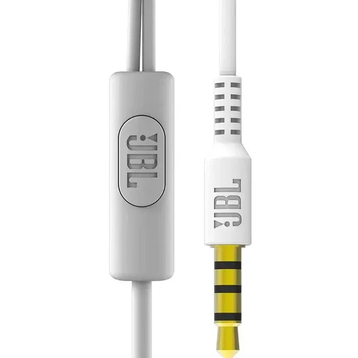 Close-up of JBL C100SI in-Ear Wired Stereo Headphones showing microphone and 3.5mm jack in white design.