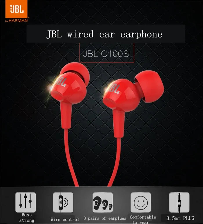 JBL C100SI In-Ear Wired Stereo Headphones in red color, showcasing bass strength and comfortable ear tips, 3.5mm plug included.