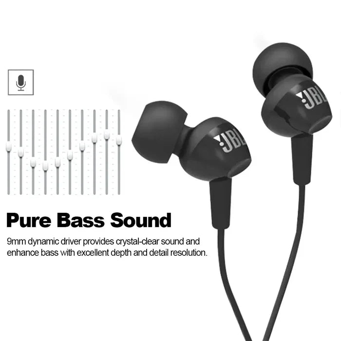 JBL C100SI In-Ear Wired Stereo Headphones with pure bass sound and 9mm dynamic drivers for enhanced bass and crystal-clear audio.