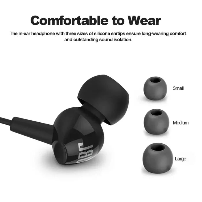 JBL C100SI In-Ear Wired Stereo Headphones with silicone eartips in small, medium, and large sizes for comfort and sound isolation.