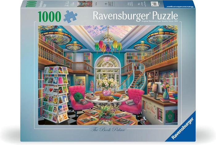 Ravensburger 1000-piece puzzle box featuring a vibrant library with stained glass windows and pink armchairs.