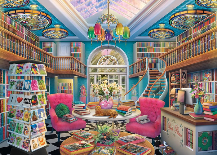 Vibrant teal bookstore with pink chairs, an orange cat on a central table, books, and colorful stained glass ceilings.