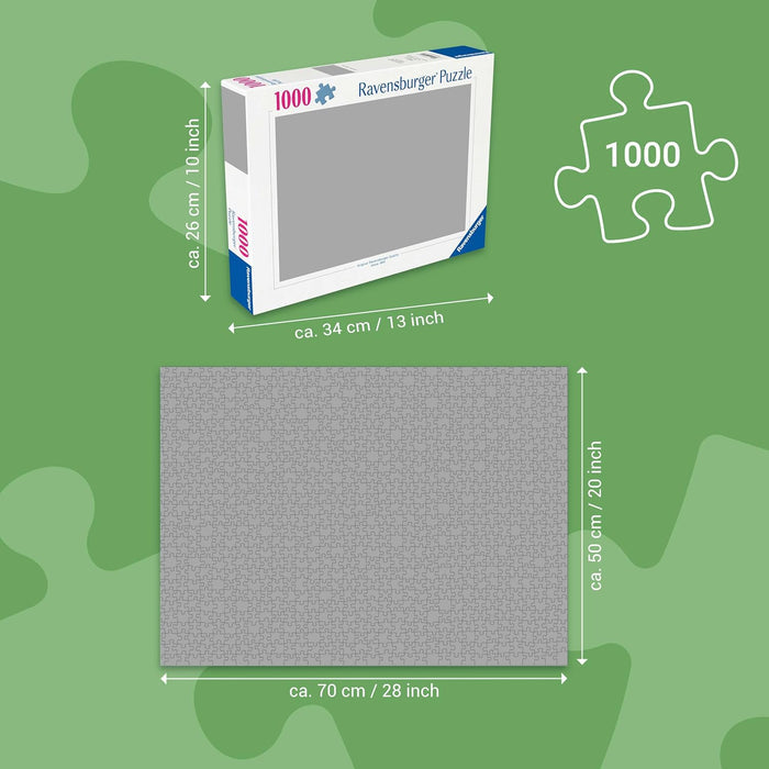 1000-piece puzzle box and size guide showing assembled 70x50 cm (28x20 inch) dimensions on a green background.