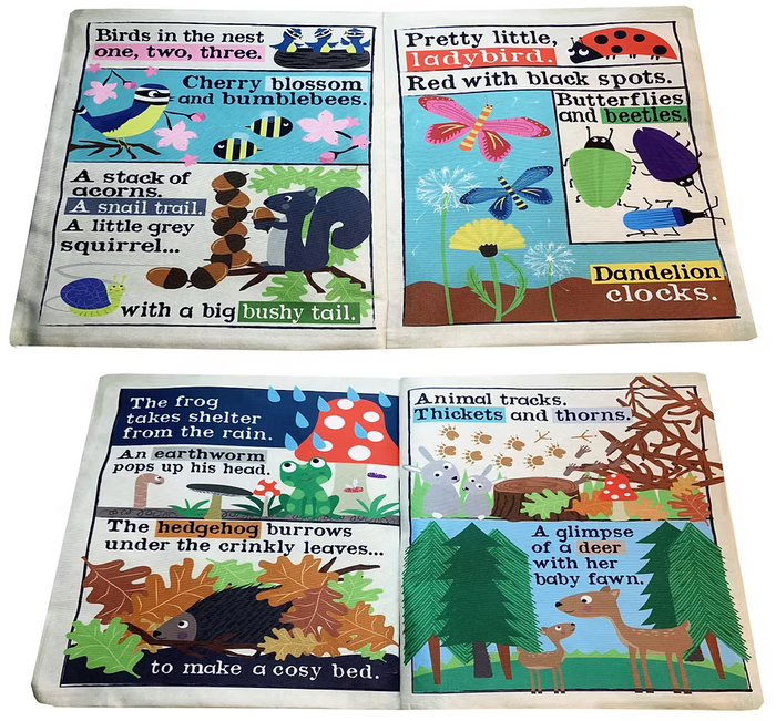 A set of six square wooden toy blocks featuring colorful nursery rhyme and children's nature-themed illustrations, arranged in a two-by-three grid on a white background.