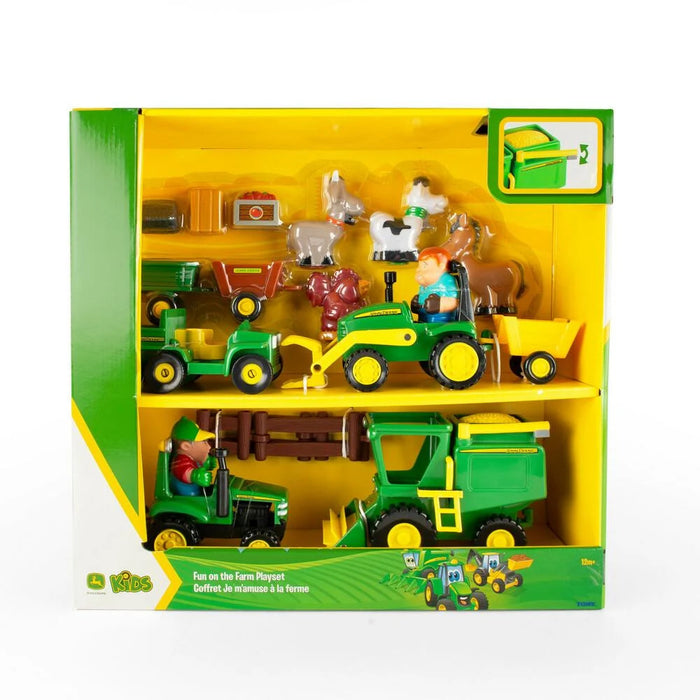 John Deere Fun on the Farm Playset in yellow box featuring green tractors, a combine harvester, and various farm animals.