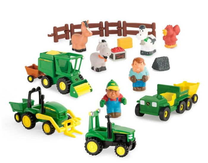 Chunky green and yellow John Deere toy tractors, farm animals, and two farmer figures on a white background.