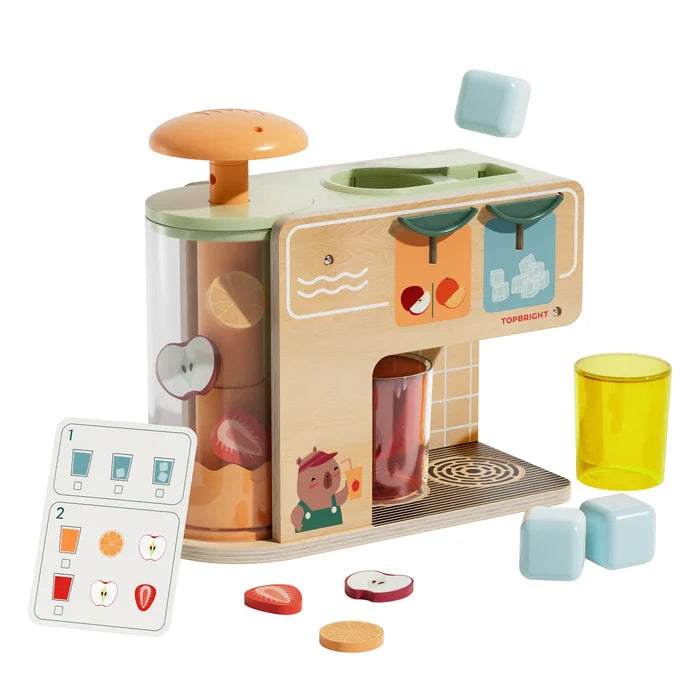 Natural wood toy juice bar with orange plunger, fruit discs, ice cubes, cups, and a bear illustration.