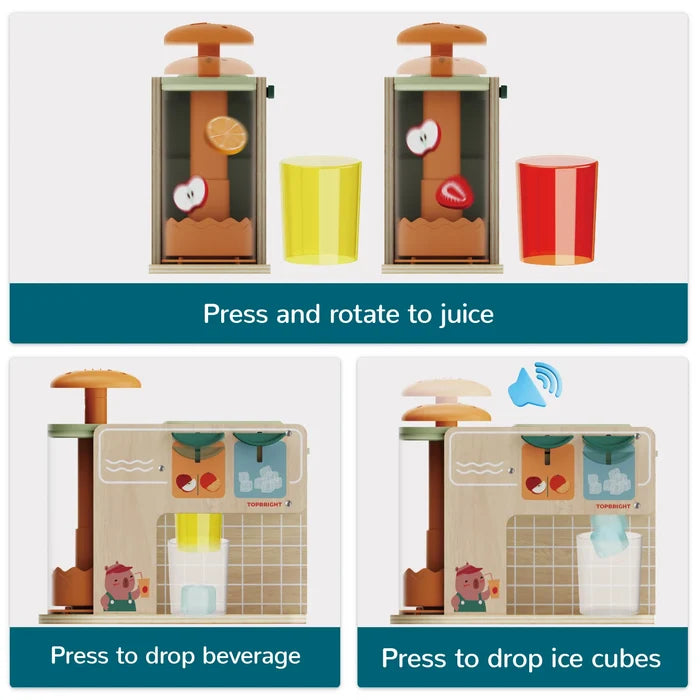 Three panels show a wooden play juice stand: pressing fruit, dispensing yellow juice, and dropping ice cubes into cups.
