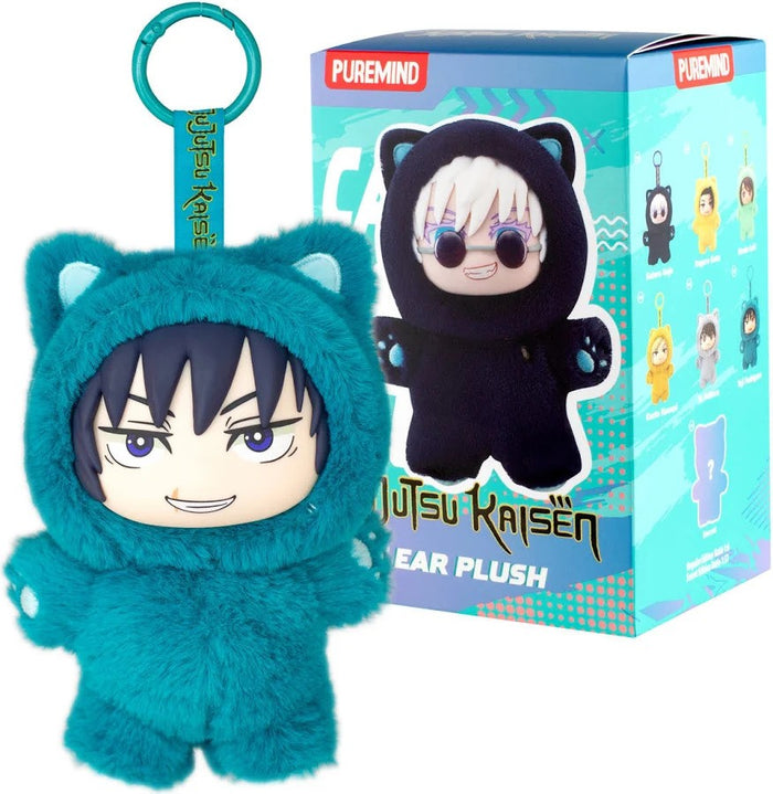 Teal fuzzy cat-ear plush with spiky hair beside a blue Jujutsu Kaisen blind box showing collectible character designs.