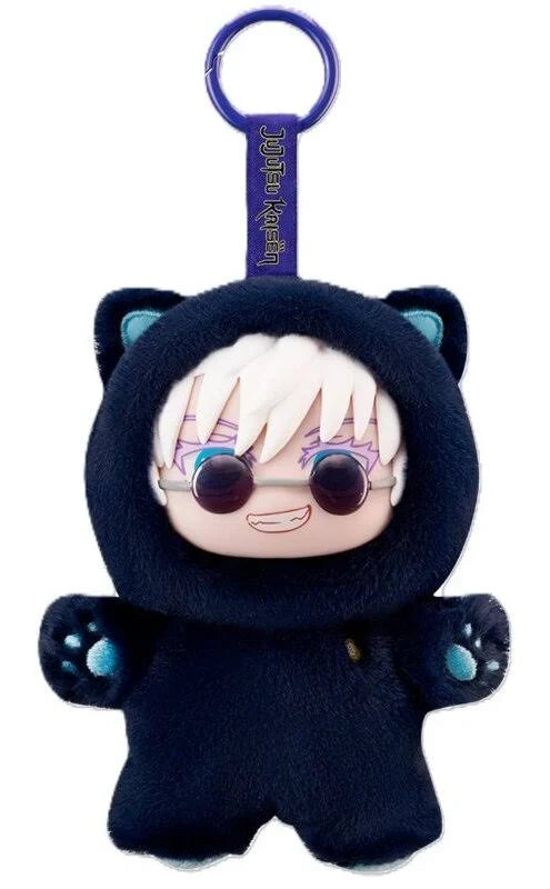 White-haired plush character wearing a navy blue cat hoodie and sunglasses with a purple Jujutsu Kaisen strap.