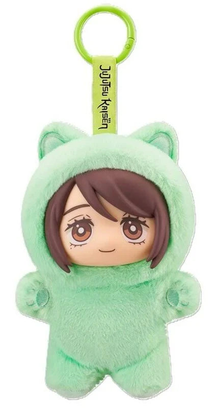Nobara Kugisaki plush keychain wearing a mint green cat hoodie with matching clip and Jujutsu Kaisen strap.