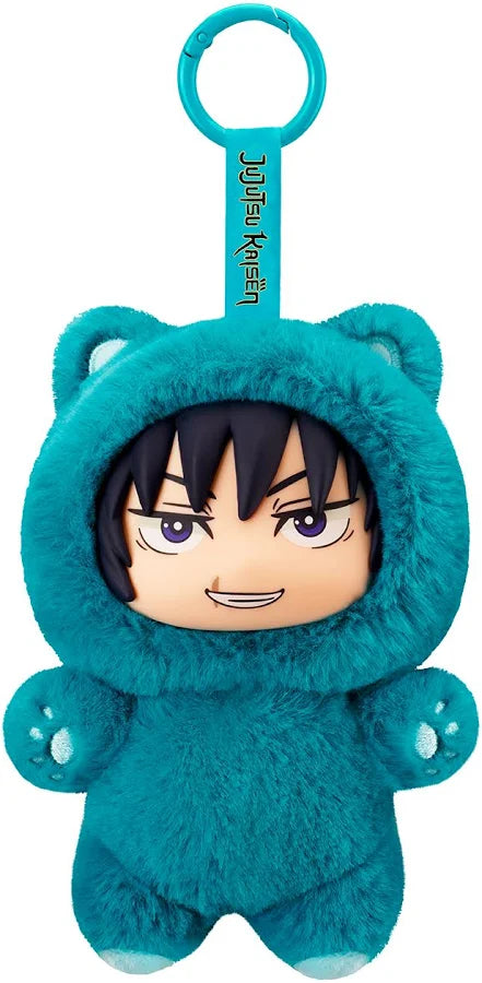Teal fuzzy cat plush keychain with Megumi Fushiguro's face, purple eyes, paw details, and matching logo clip.