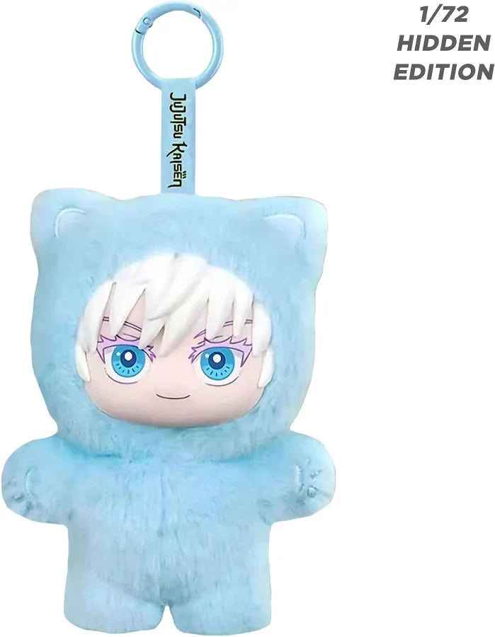 Light blue fuzzy plush with cat ears, white hair, and blue eyes. Includes a blue clip and 1/72 hidden edition text.
