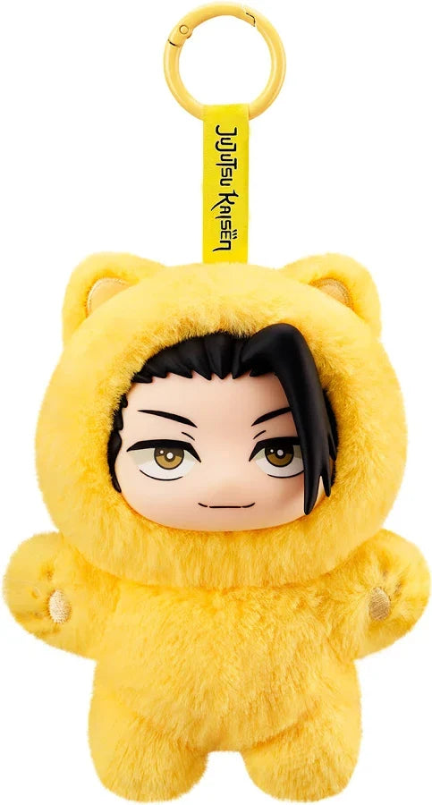 Fuzzy yellow cat plush keychain of Suguru Geto with cat ears and a Jujutsu Kaisen branded strap.