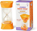 Large 5-minute hourglass with orange sand and rubber endcaps next to its purple and white retail box.