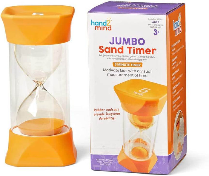 Large 5-minute hourglass with orange sand and rubber endcaps next to its purple and white retail box.