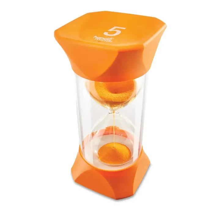 Orange 5-minute sand timer with chunky hexagonal ends, a clear outer shell, and orange sand flowing inside.