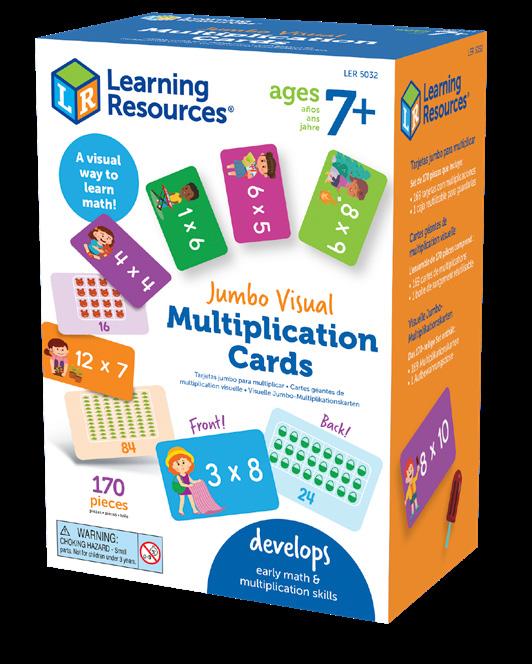 White and orange box featuring colorful multiplication flashcards with character illustrations and visual dot arrays.
