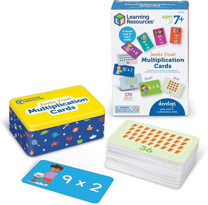 Yellow and blue multiplication card set includes a storage tin, box, and large cards with math problems and visual aids.