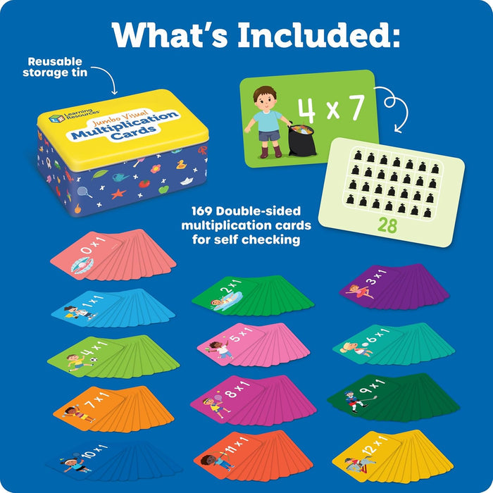 Yellow storage tin with 169 double-sided multiplication cards showing math equations and illustrated answers.