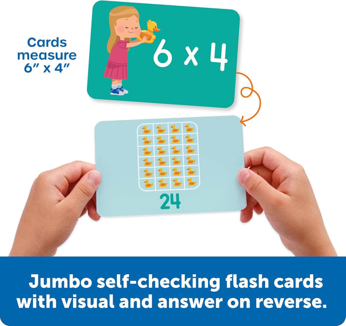 Teal jumbo flash card showing 6x4 and a light blue reverse with a grid of 24 ducks and the answer held by hands.