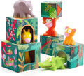Colorful jungle-patterned stacking blocks with toy elephant, monkey, giraffe, lion, and crocodile figures.