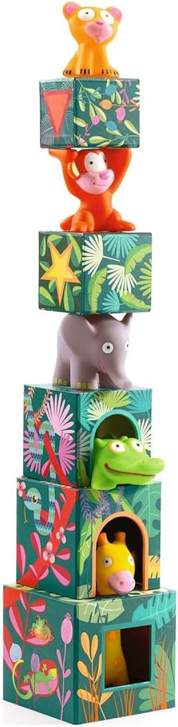 Tall stack of colorful jungle-themed blocks and rubber animals including a lion, monkey, elephant, and crocodile.
