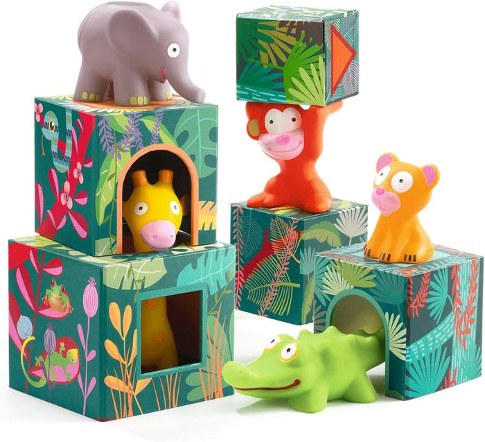 Colorful jungle-patterned stacking blocks with toy figures like a grey elephant, orange monkey, and green crocodile.
