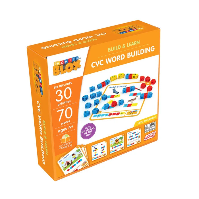 Orange box featuring colorful interlocking letter blocks and illustrated activity cards for children ages 4 and up.
