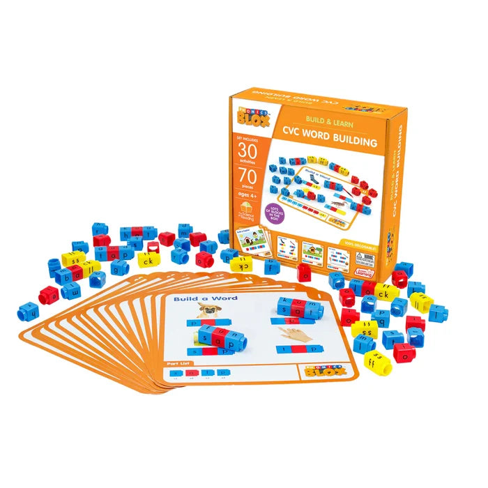 Orange product box with colorful interlocking letter cubes and word-building activity cards on a white background.