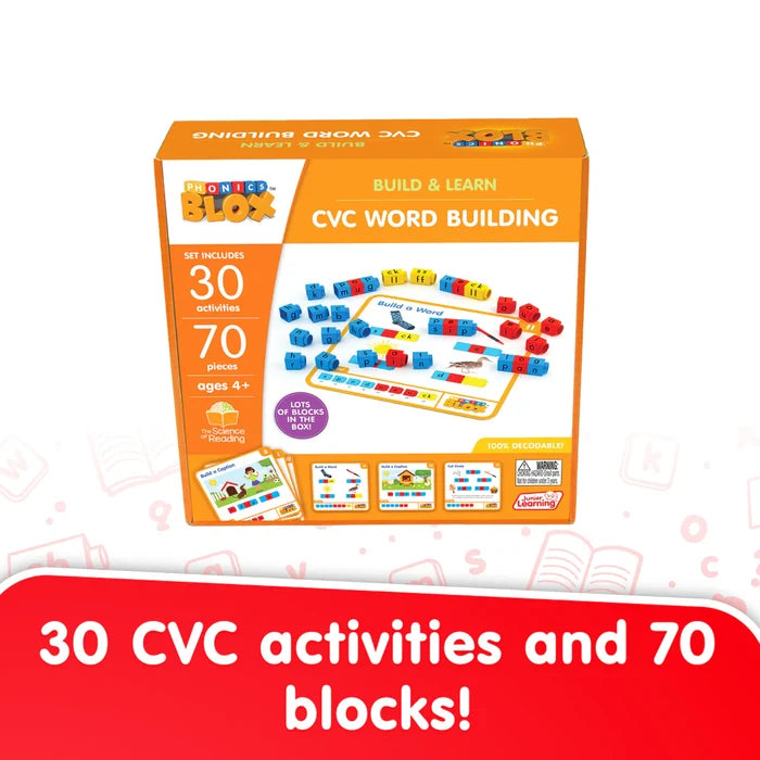 Orange box of Phonics Blox showing colorful lettered cubes, activity cards, and a play tray for CVC word building.